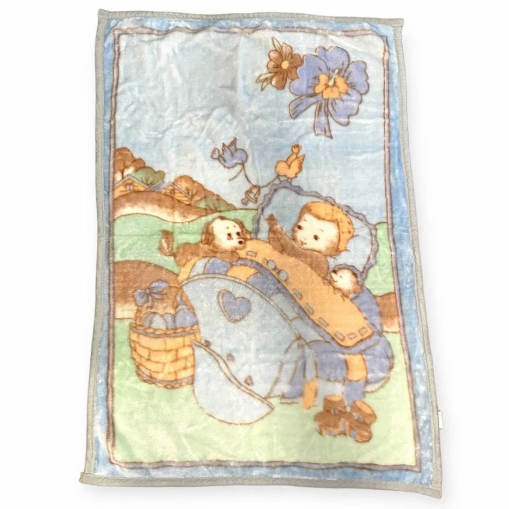 Vtg White Lamb Plush Baby Blanket Outdoor Cradle Birds Dog Silky Soft Blue Green